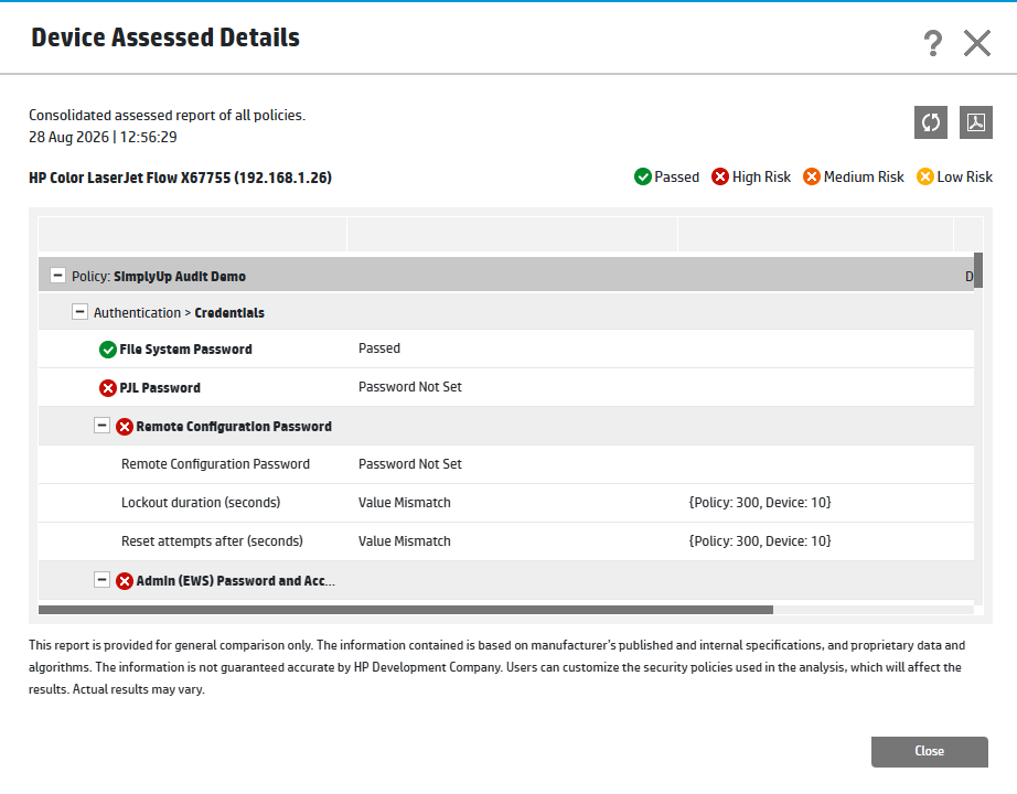 Výsledky bezpečnostního auditu tiskárny v HP Security Manageru